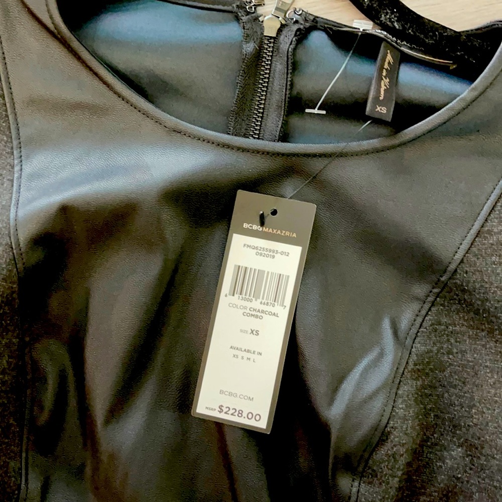 BCBG Womens Faux Leather Trim Mixed Media Dress
